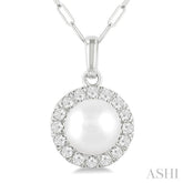 6 MM Cultured White Pearl and 1/6 ctw Single Cut Diamond Halo Pendant With Chain in 10K White Gold